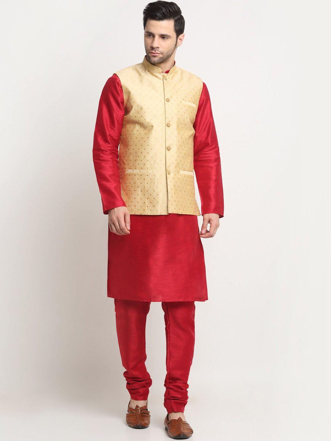 kraft india woven design pure silk kurta with churidar & nehru jacket