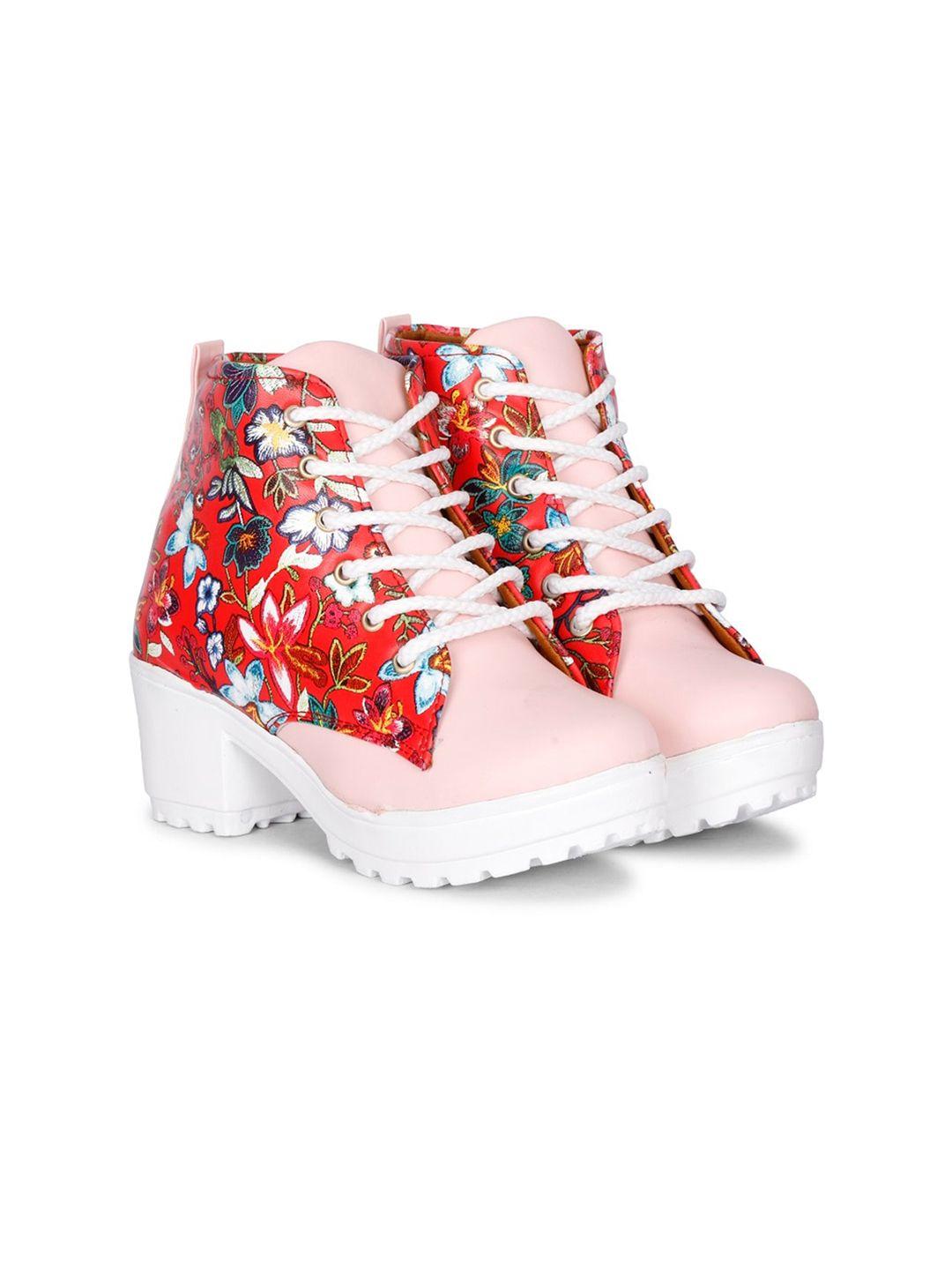 krafter women pink & red printed regular boots