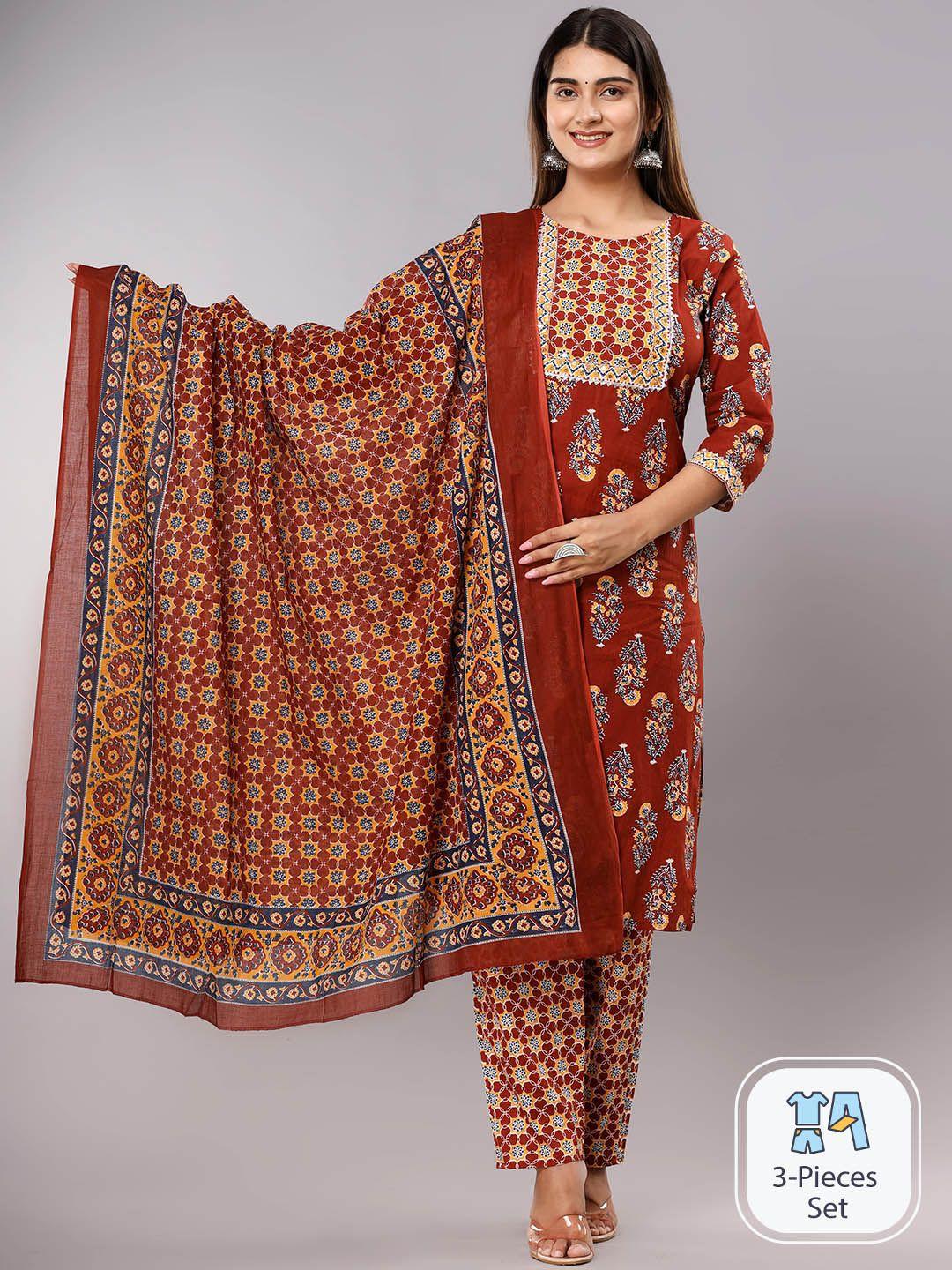 krati creations ethnic motifs printed pure cotton straight kurta & trousers with dupatta