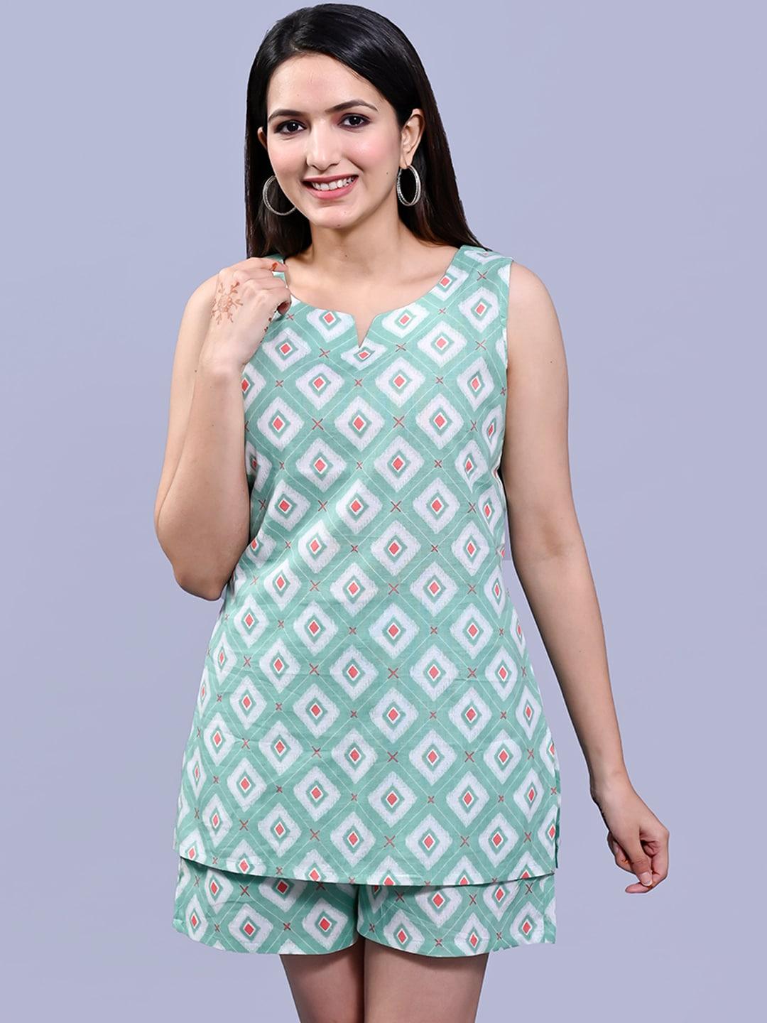 krati creations women geometric printed pure cotton top with shorts