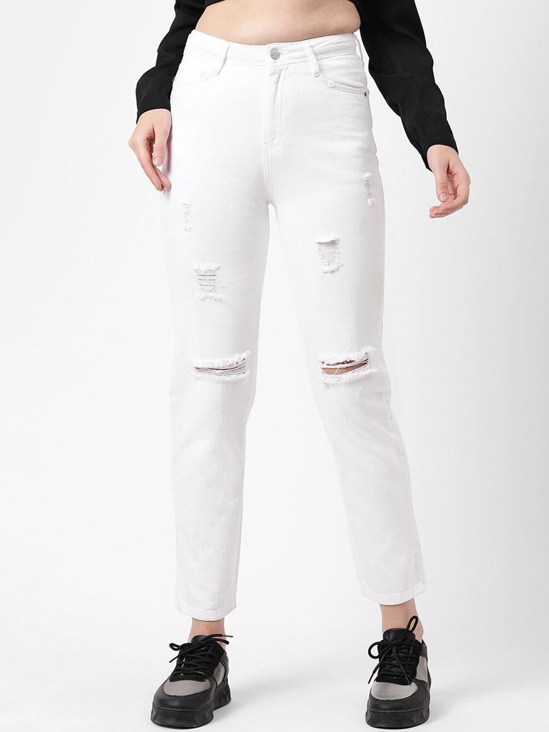 kraus jeans women white cotton high-rise mildly distressed mom fit jeans