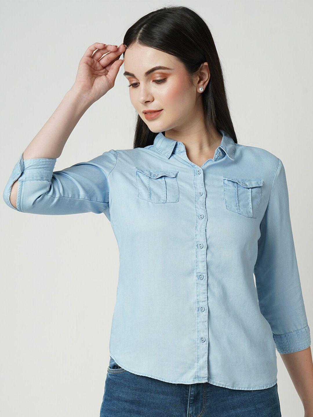 kraus jeans lapel collar three quarter sleeves slim fit opaque casual shirt
