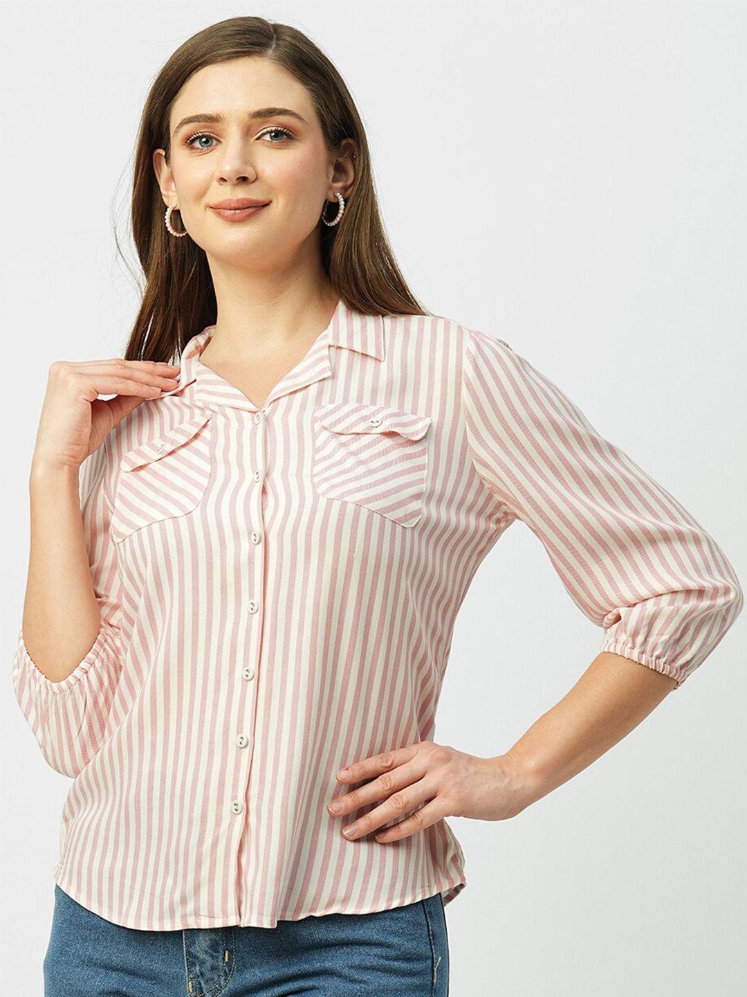 kraus jeans lapel collar three quarter sleeves slim fit opaque striped casual shirt