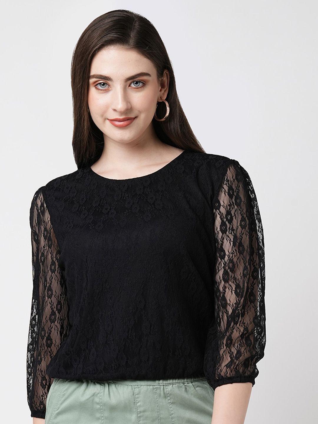 kraus jeans self design puff sleeves lace top