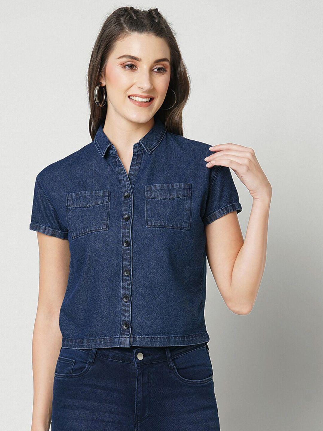 kraus jeans slim fit denim crop casual shirt