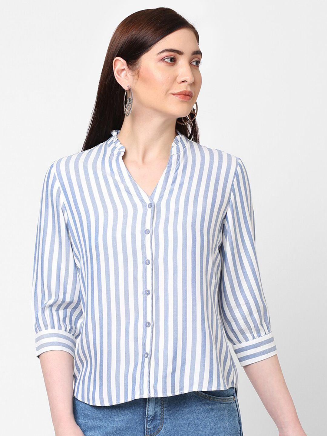 kraus jeans women blue slim fit striped casual shirt