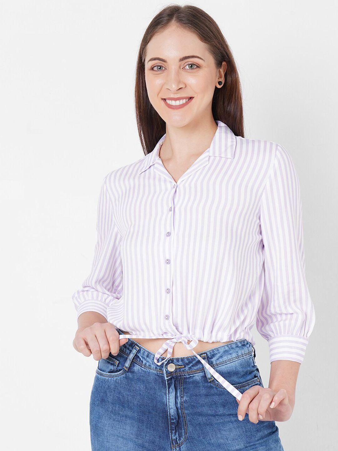 kraus jeans women purple & white striped casual crop shirt