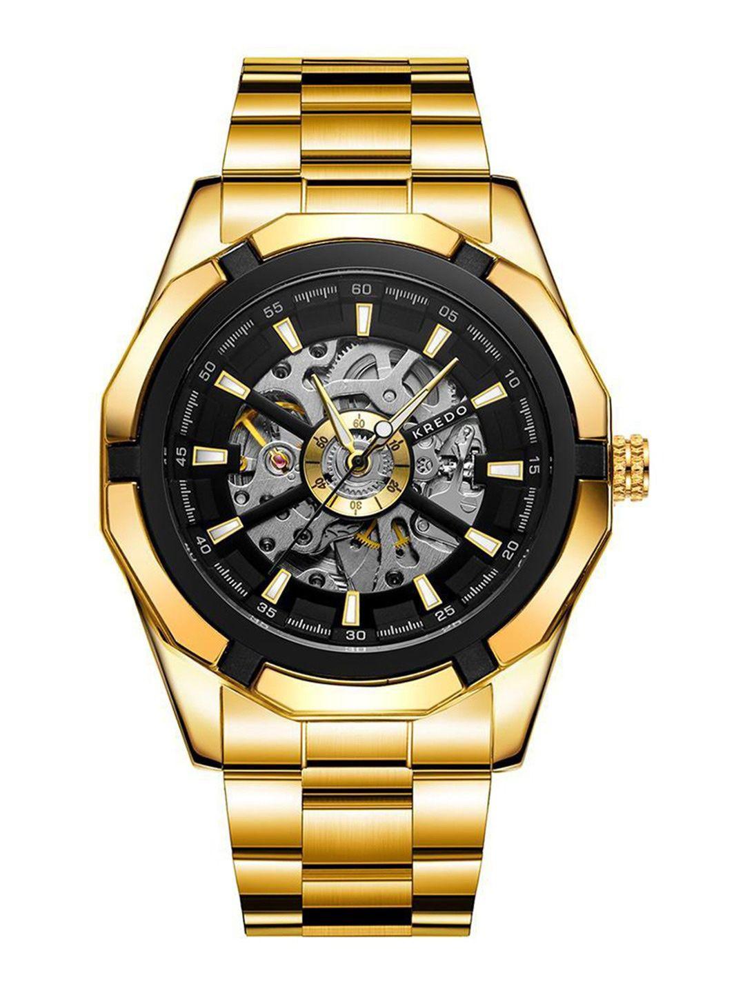 kredo men black skeleton dial & gold-plated straps automatic motion watch kw131