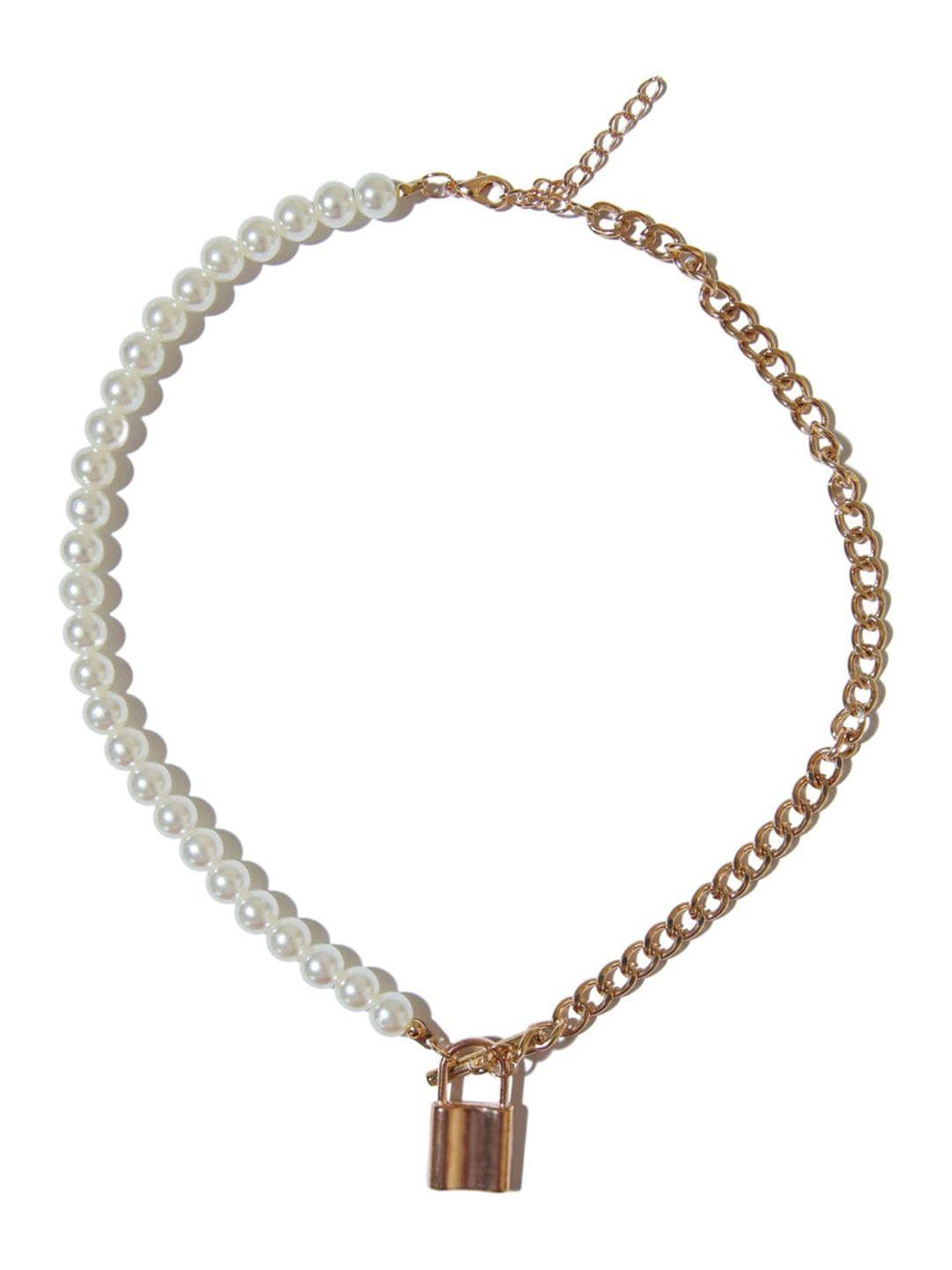 krelin  gold-plated pearl beaded & half & half layered padlock pendant necklace