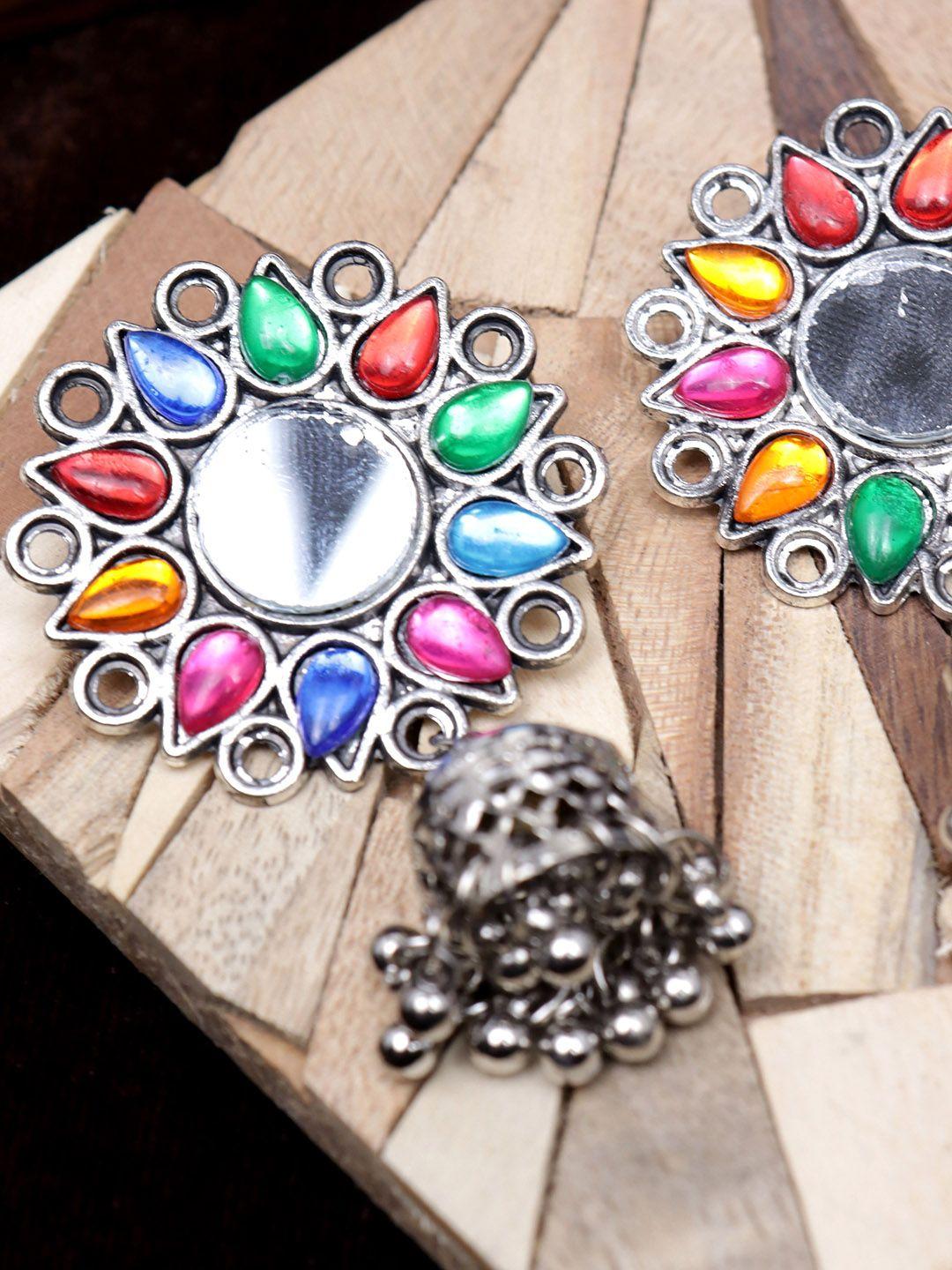 krelin silver-plated contemporary mirror stone studded jhumkas earrings
