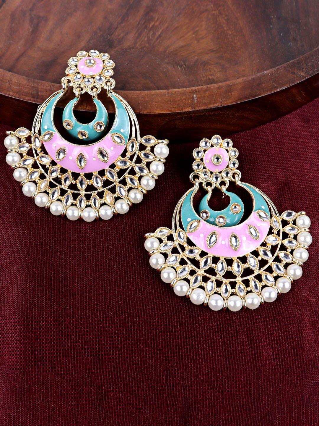 krelin traditional gold plated & kundan floral design pearl meenakari chandbalis earrings