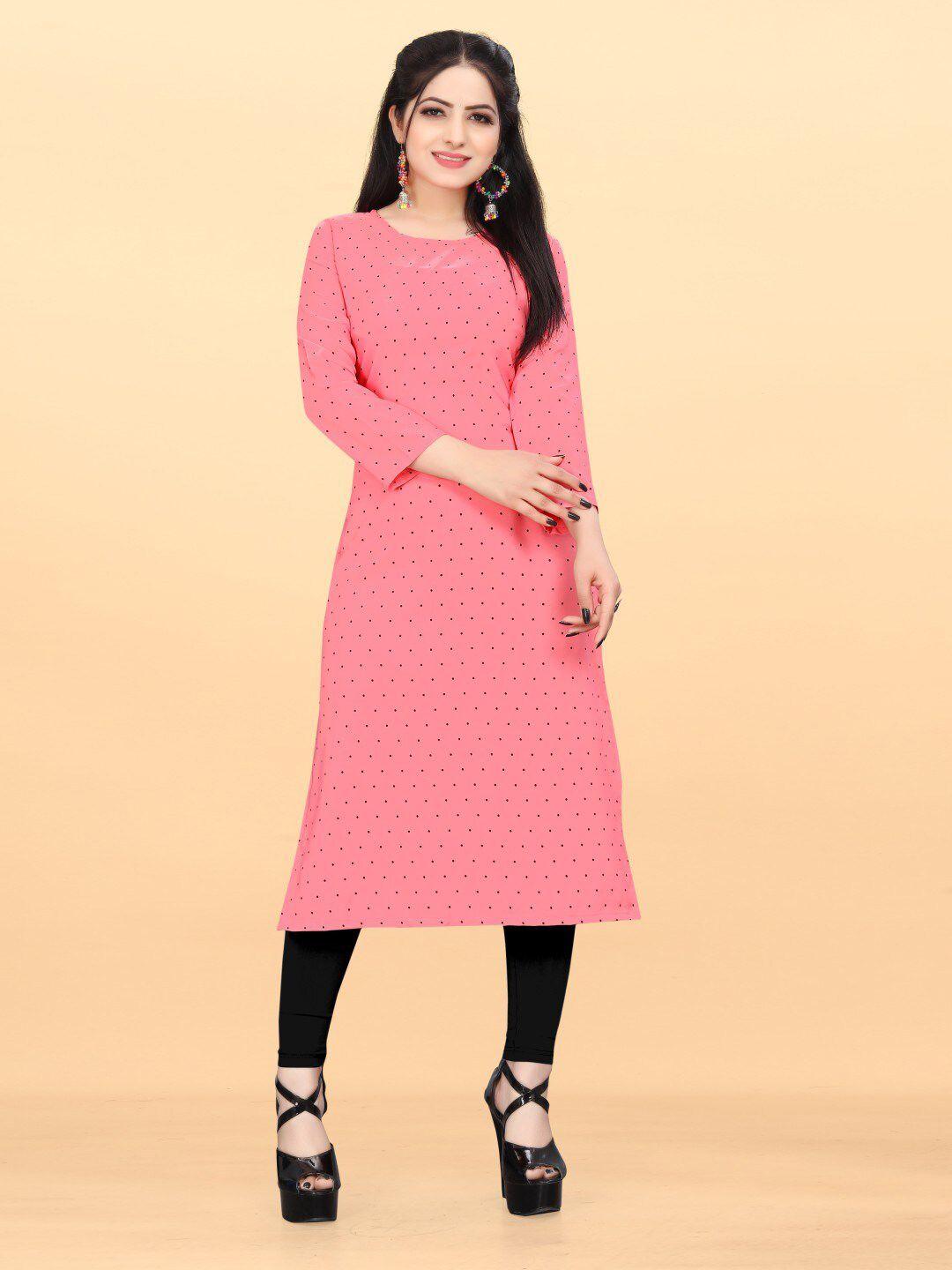 krimmple women pink & black polka dot printed kurta