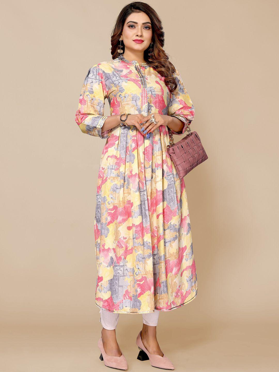 krimmple abstract printed mandarin collar pure cotton a-line kurta