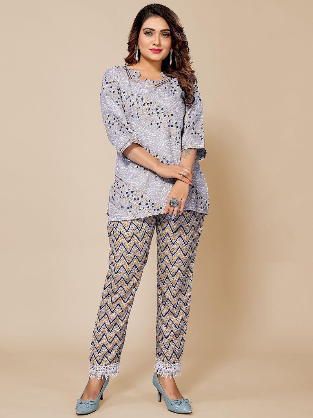 krimmple bandhani printed top with trousers