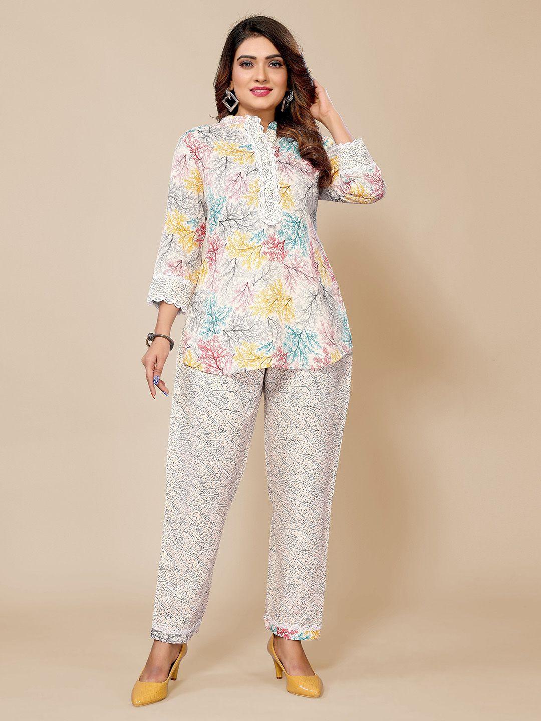 krimmple floral printed mandarin collar top with trousers  co-ords set