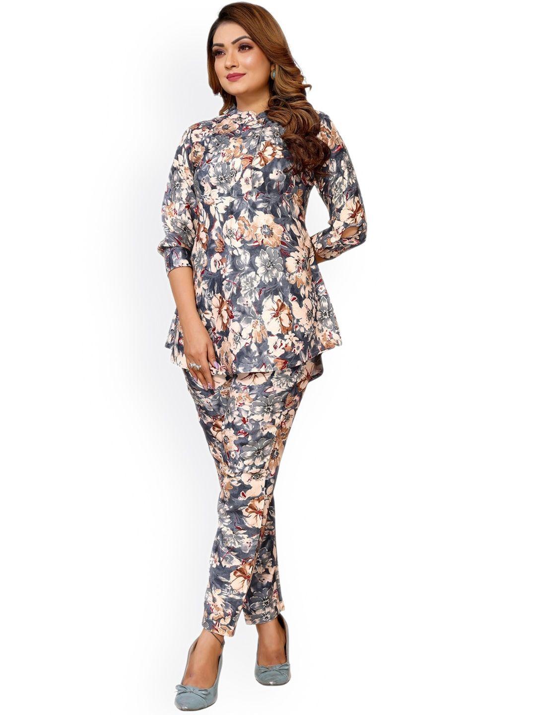 krimmple floral printed mandarin collar top with trousers