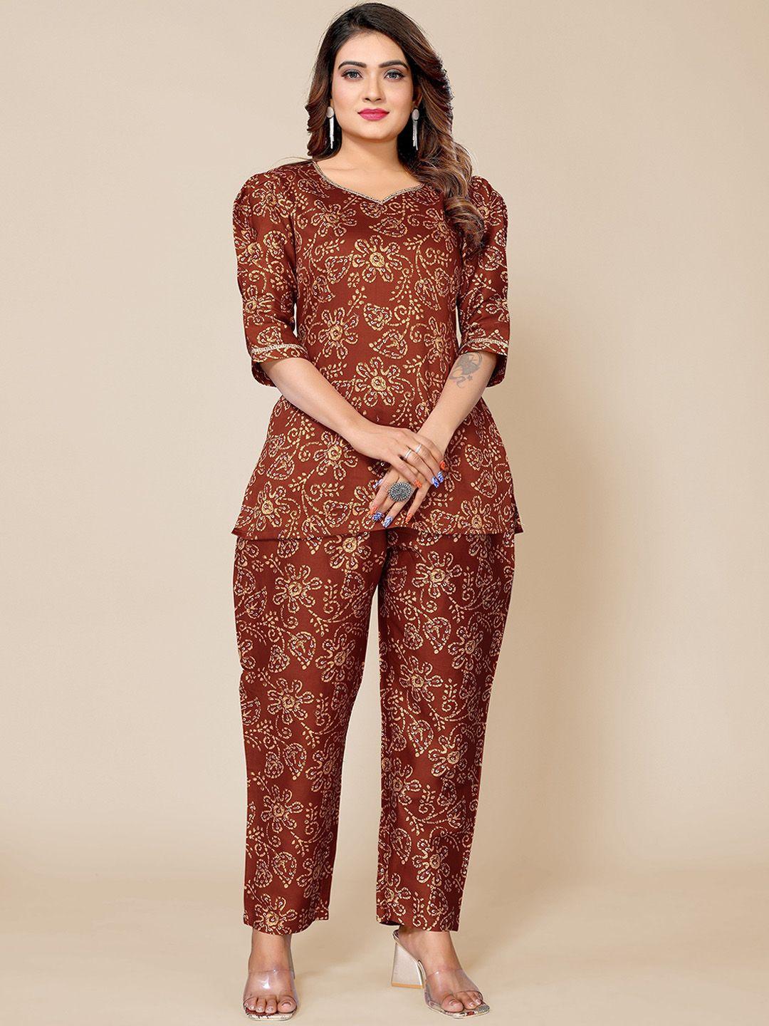 krimmple floral printed sweetheart neck top with trousers pure cotton co-ords