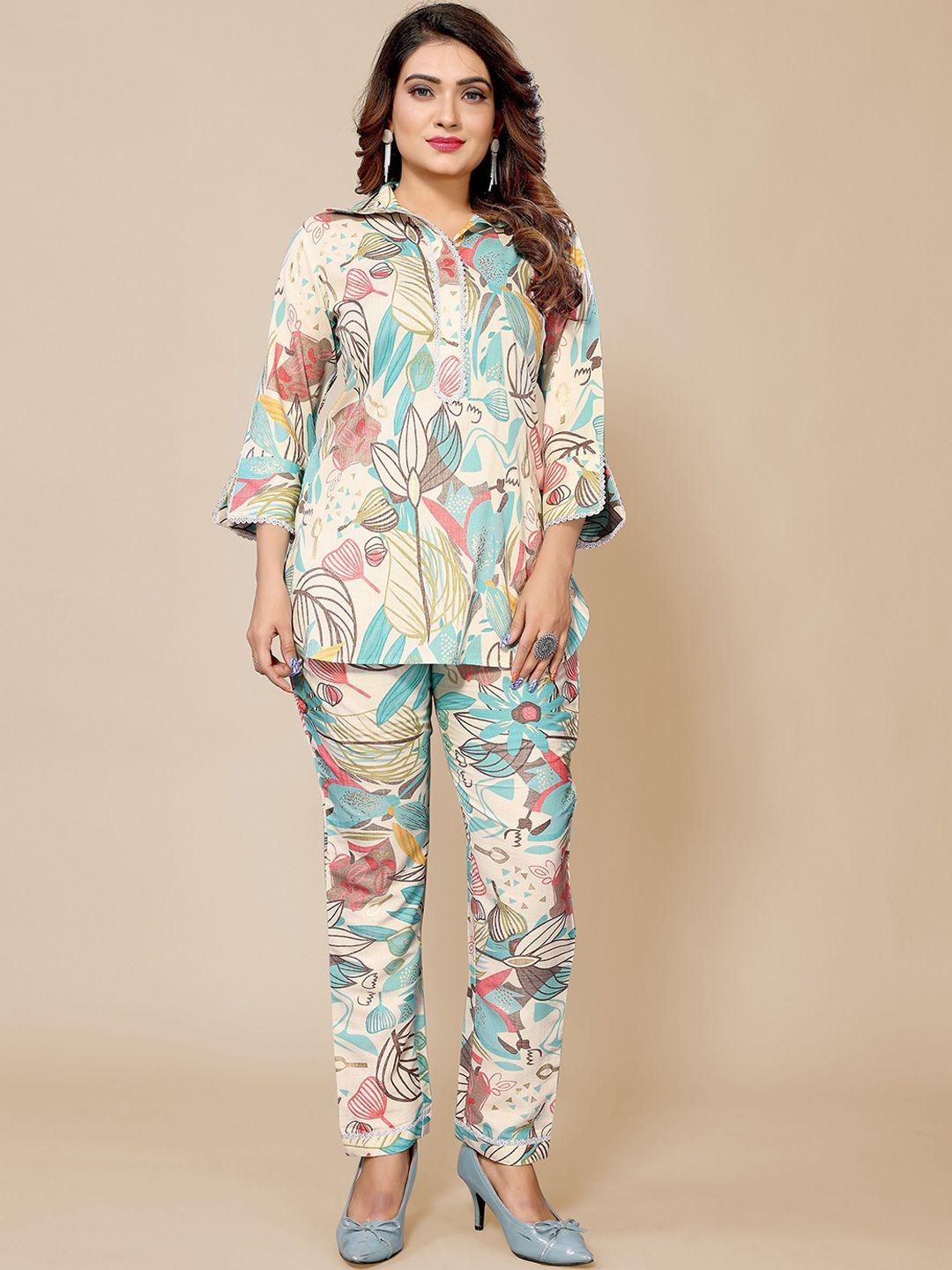 krimmple printed shirt collar top with trousers