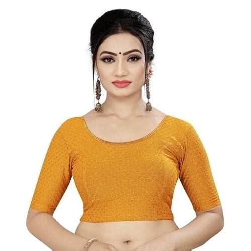 krishiv fashion round neck dobby cotton lycra readymade saree blouse stretchable elbow sleeve for women stylish… (big size - 40 to 44, yellow)