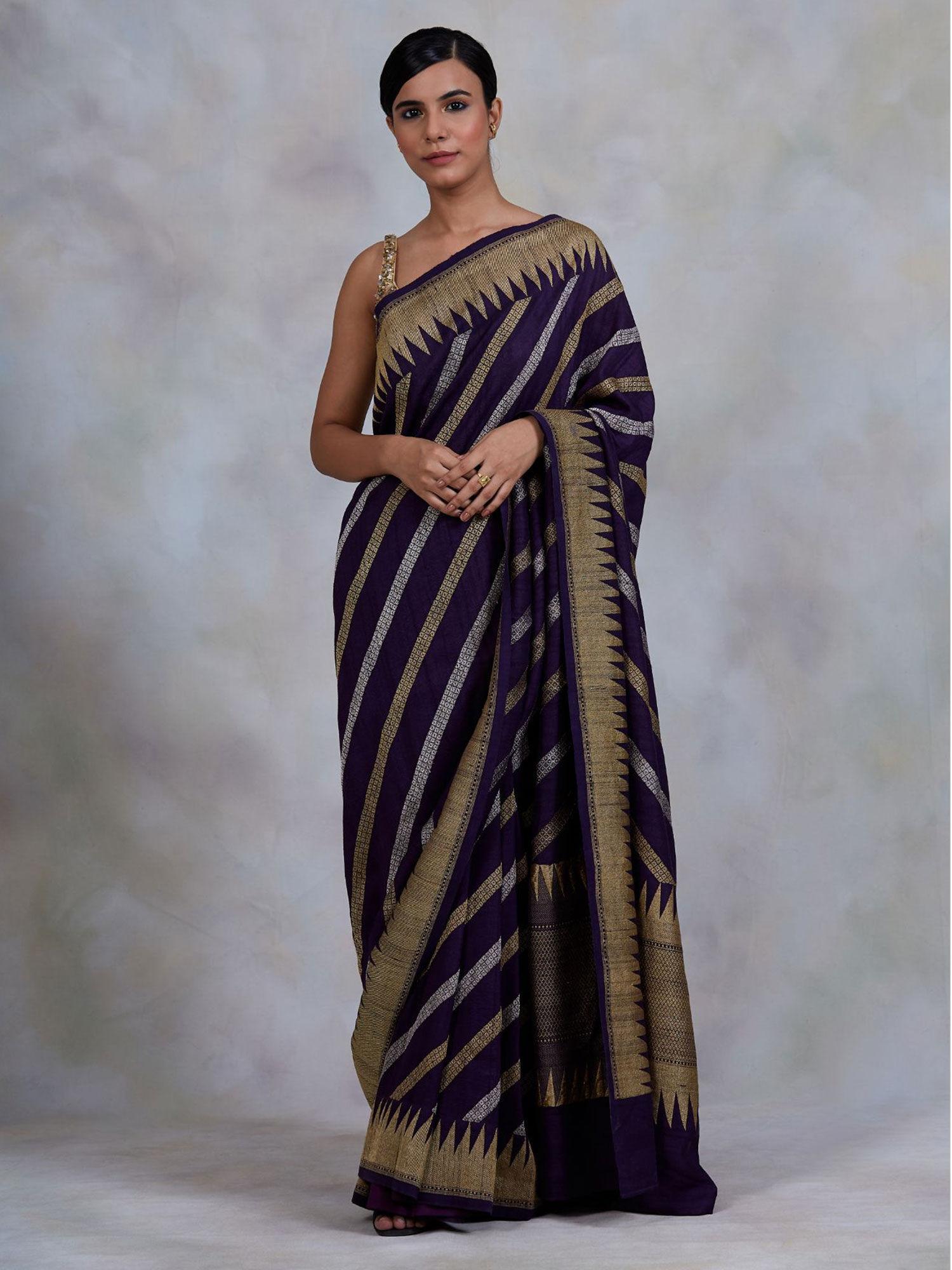 krishnakamal purple banarasi monga silk saree with unstitched blouse