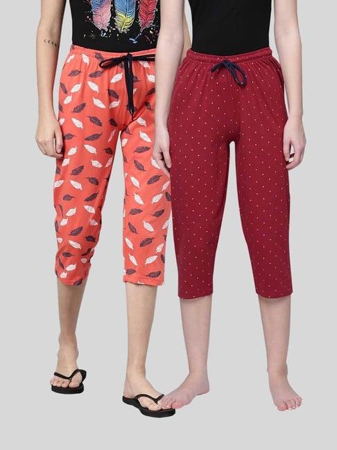 kryptic coral & maroon elasticated waist band relaxed fit printed cotton capris - pack of 2