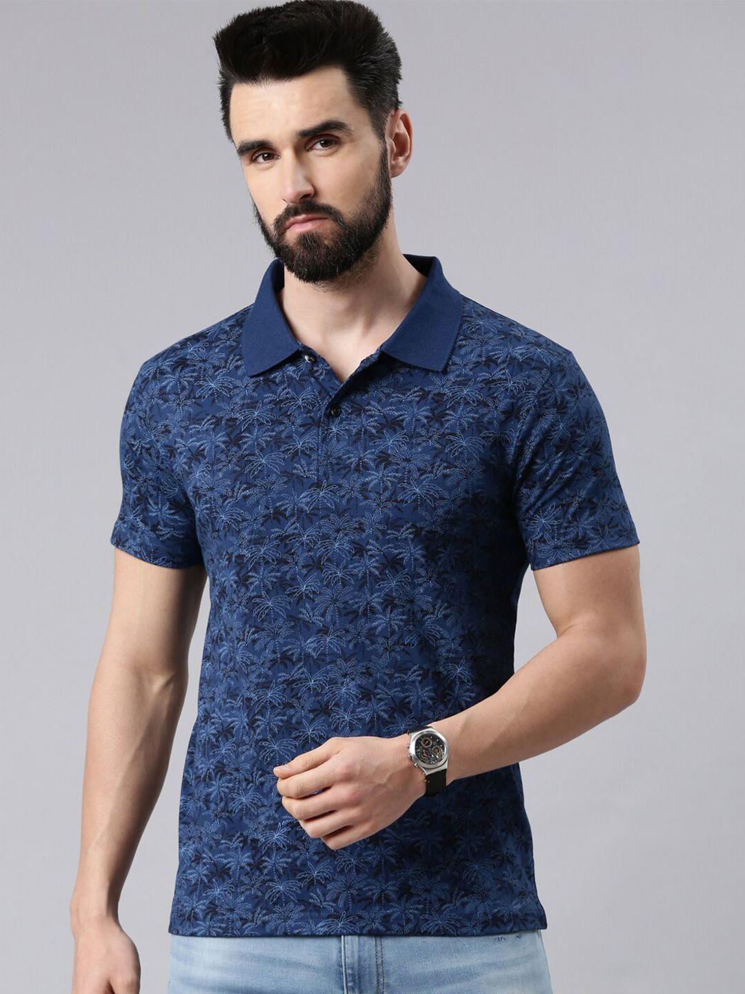 kryptic men blue floral printed polo collar tropical cotton t-shirt