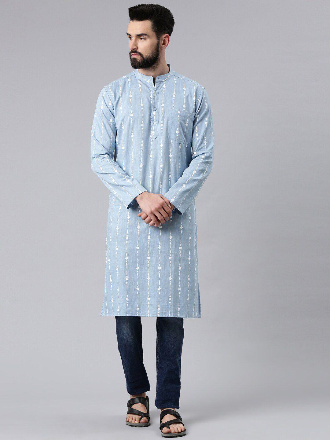 kryptic men blue printed cotton kurta