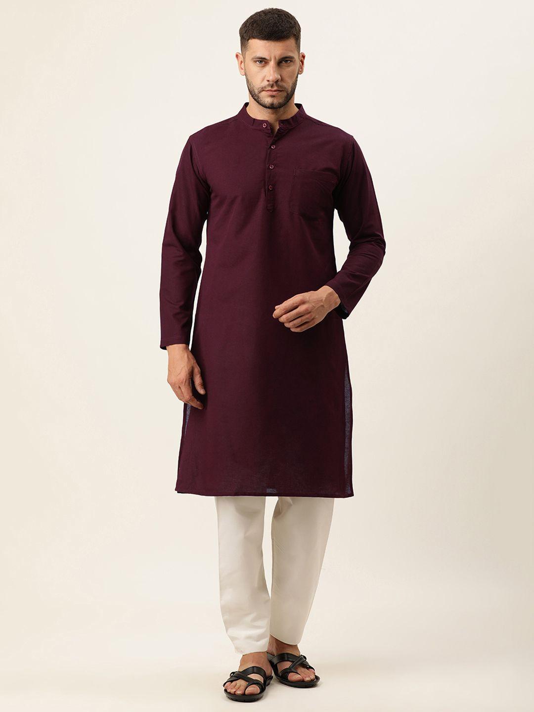kryptic men burgundy solid cotton straight kurta