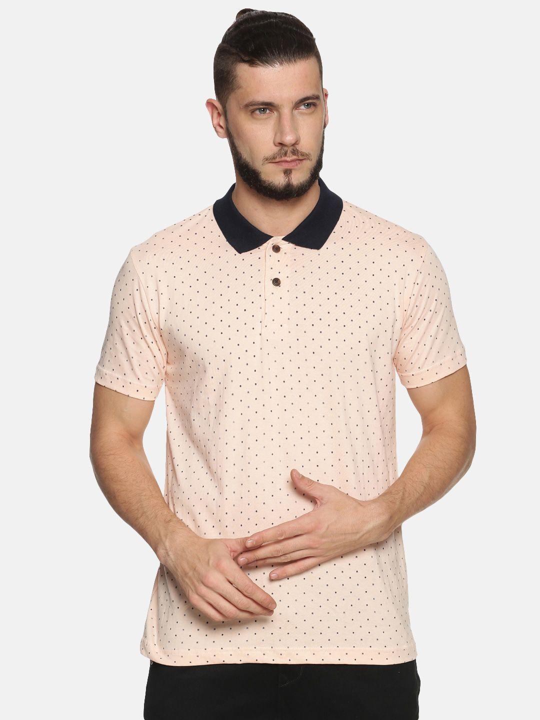 kryptic men peach-coloured pure cotton printed polo collar pure cotton t-shirt
