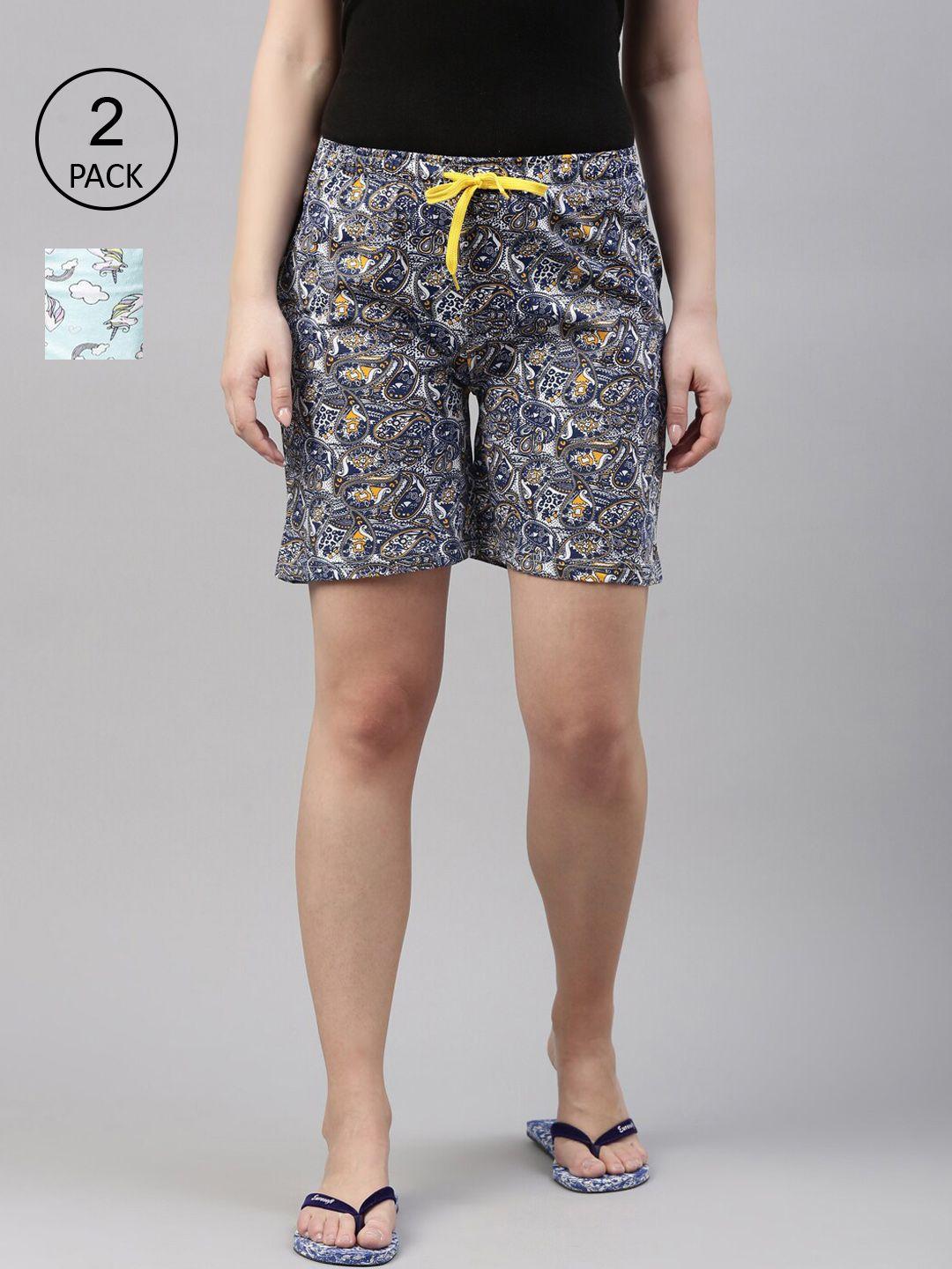 kryptic pack of 2 women blue conversational printed cotton shorts