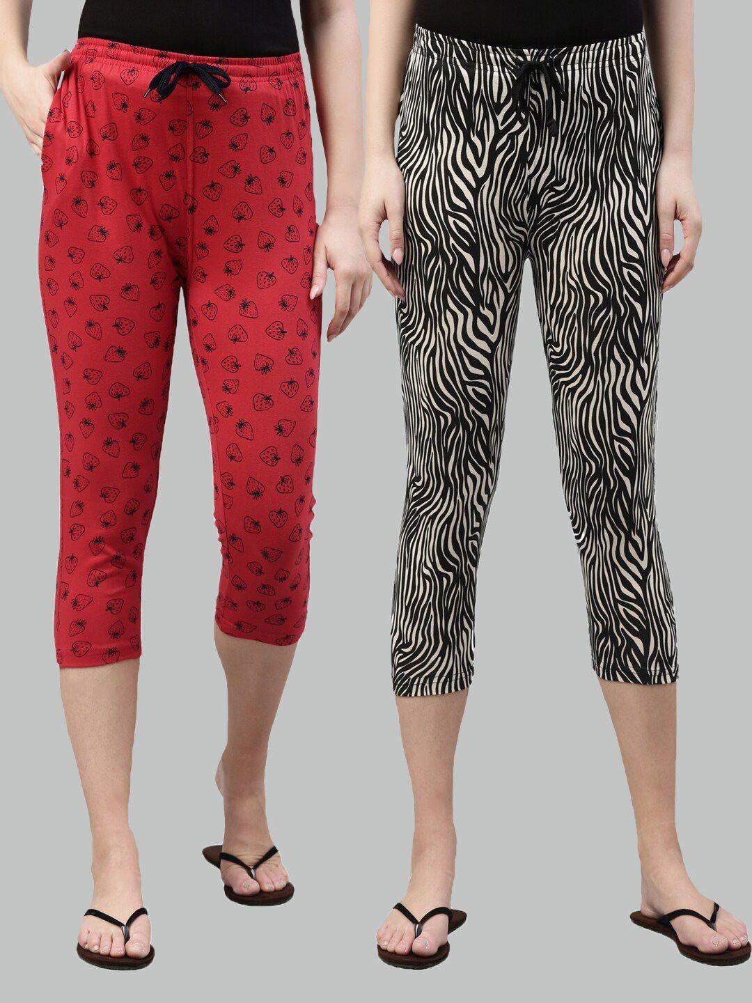kryptic women  pack of 2 red & black printed pure cotton capris