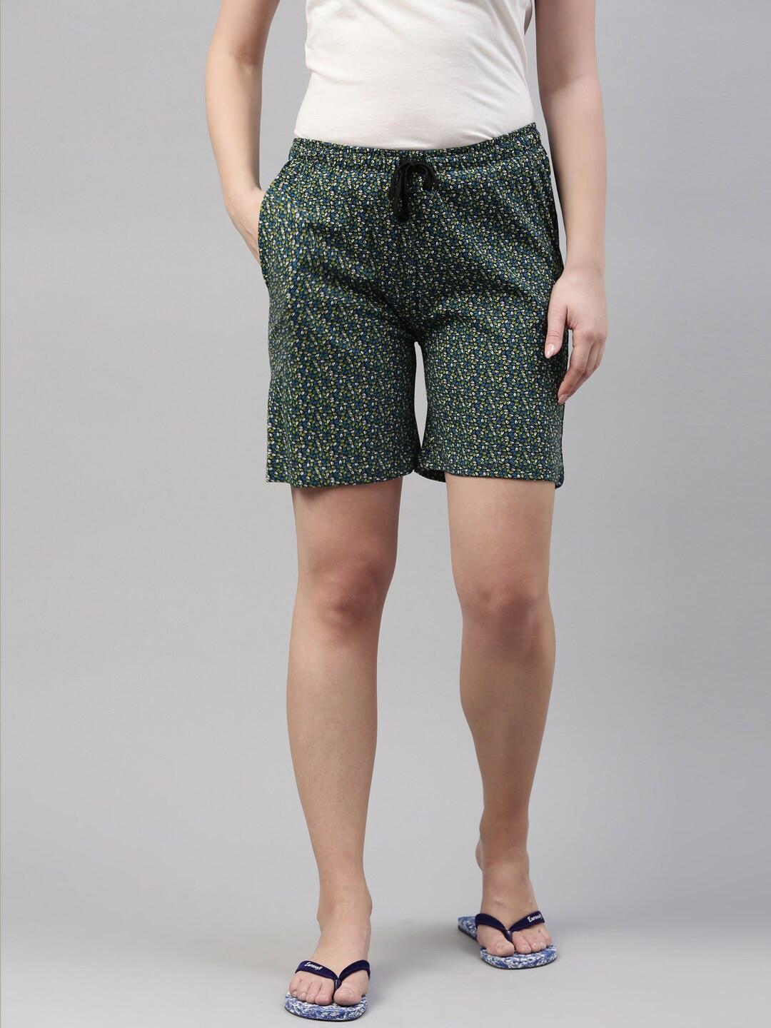 kryptic women black & green cotton printed lounge shorts