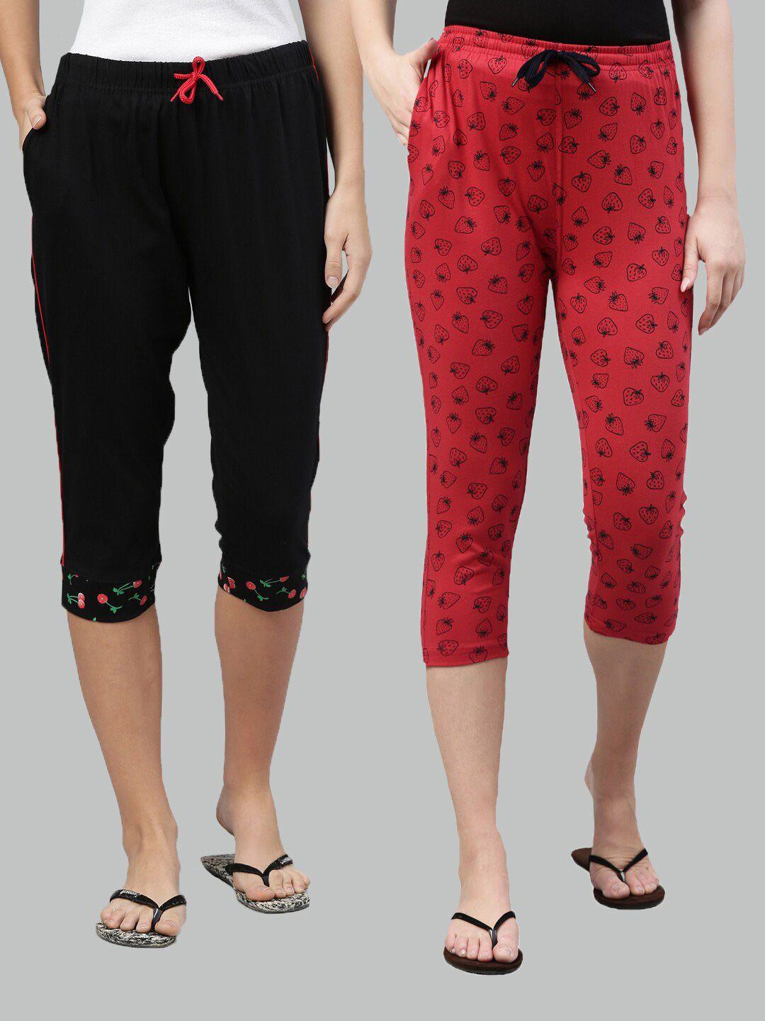 kryptic women black & red printed pure cotton capris pack of 2