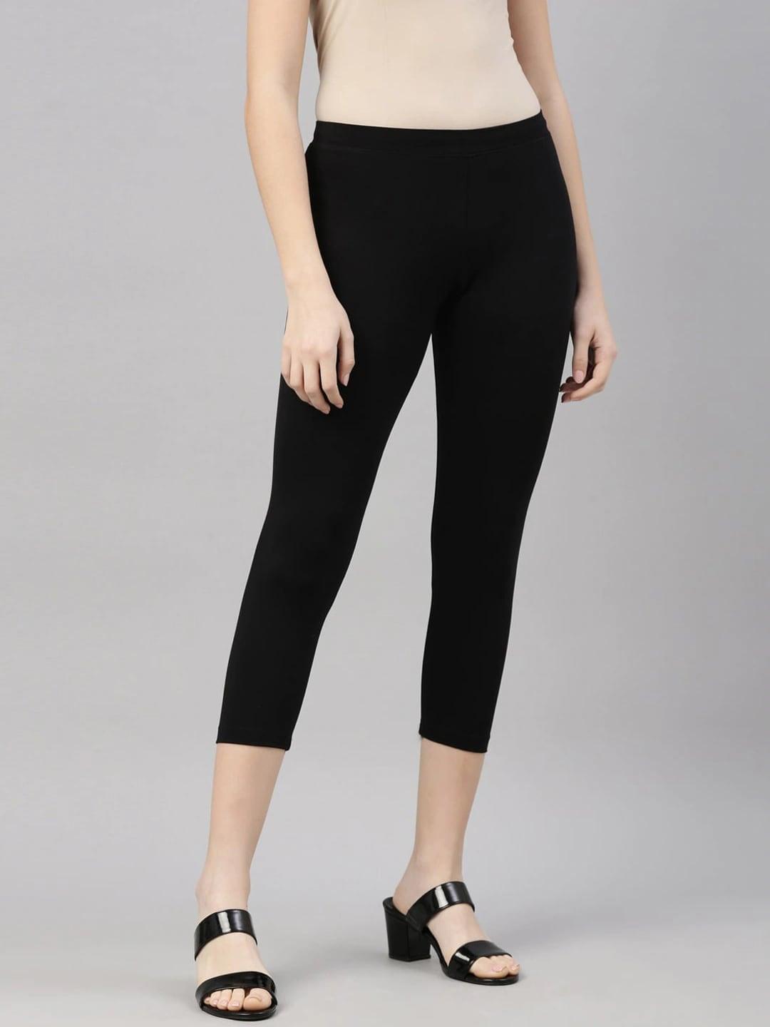 kryptic women black cotton solid three-fourth length leggings
