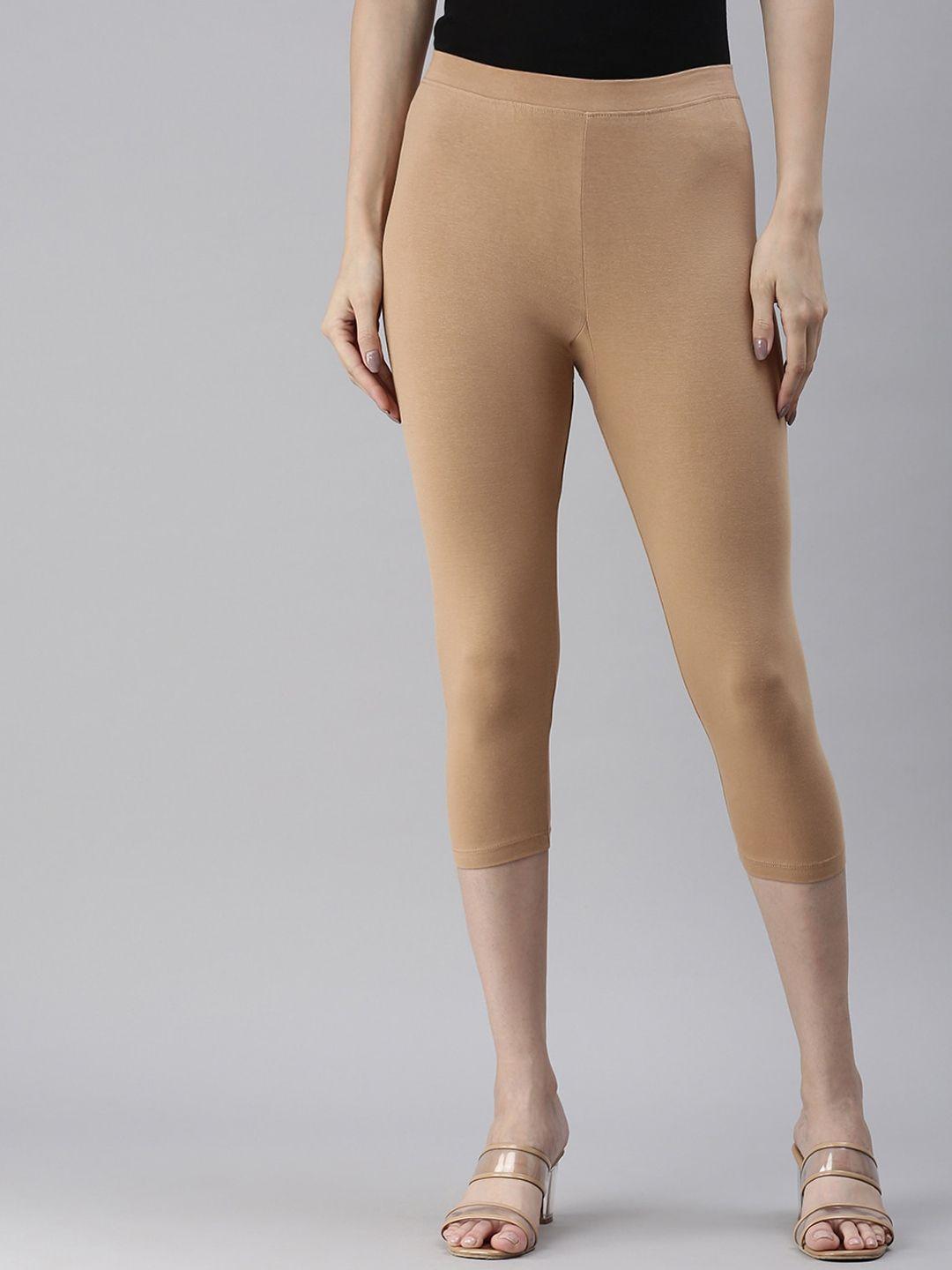 kryptic women camel brown solid slim-fit three fourth length capri leggings