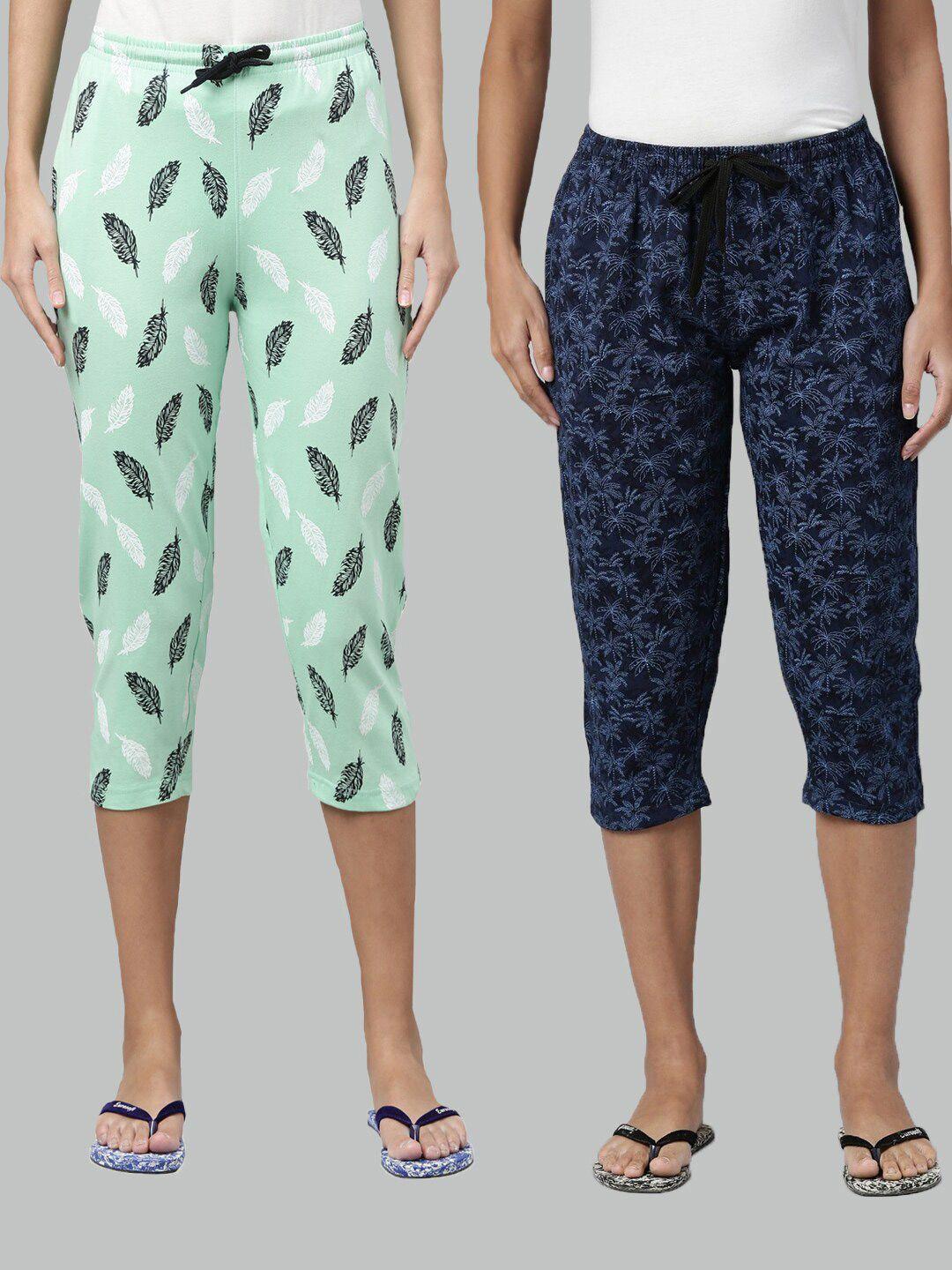 kryptic women green & blue pack of 2 pure cotton printed capris