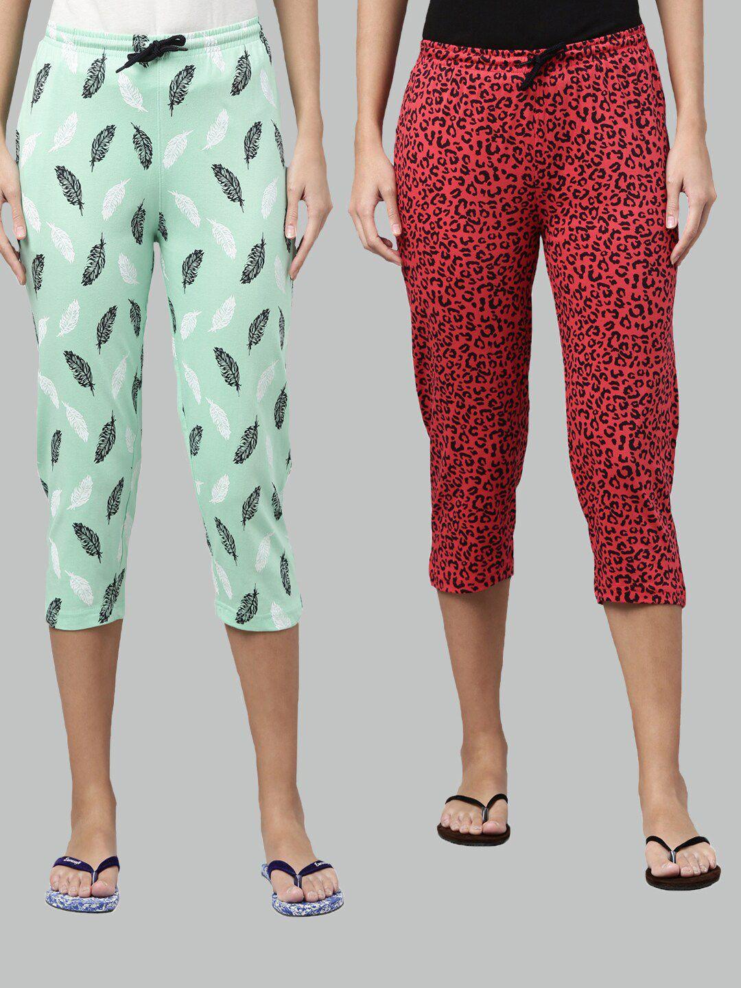 kryptic women green & fuchsia printed pure cotton capris pack of 2
