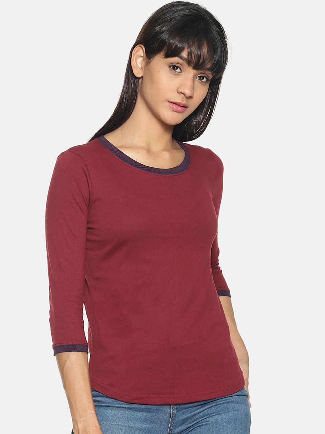 kryptic women maroon solid round neck pure cotton t-shirt