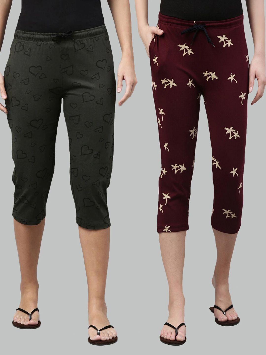 kryptic women olive green & maroon pack of 2 printed cotton capris