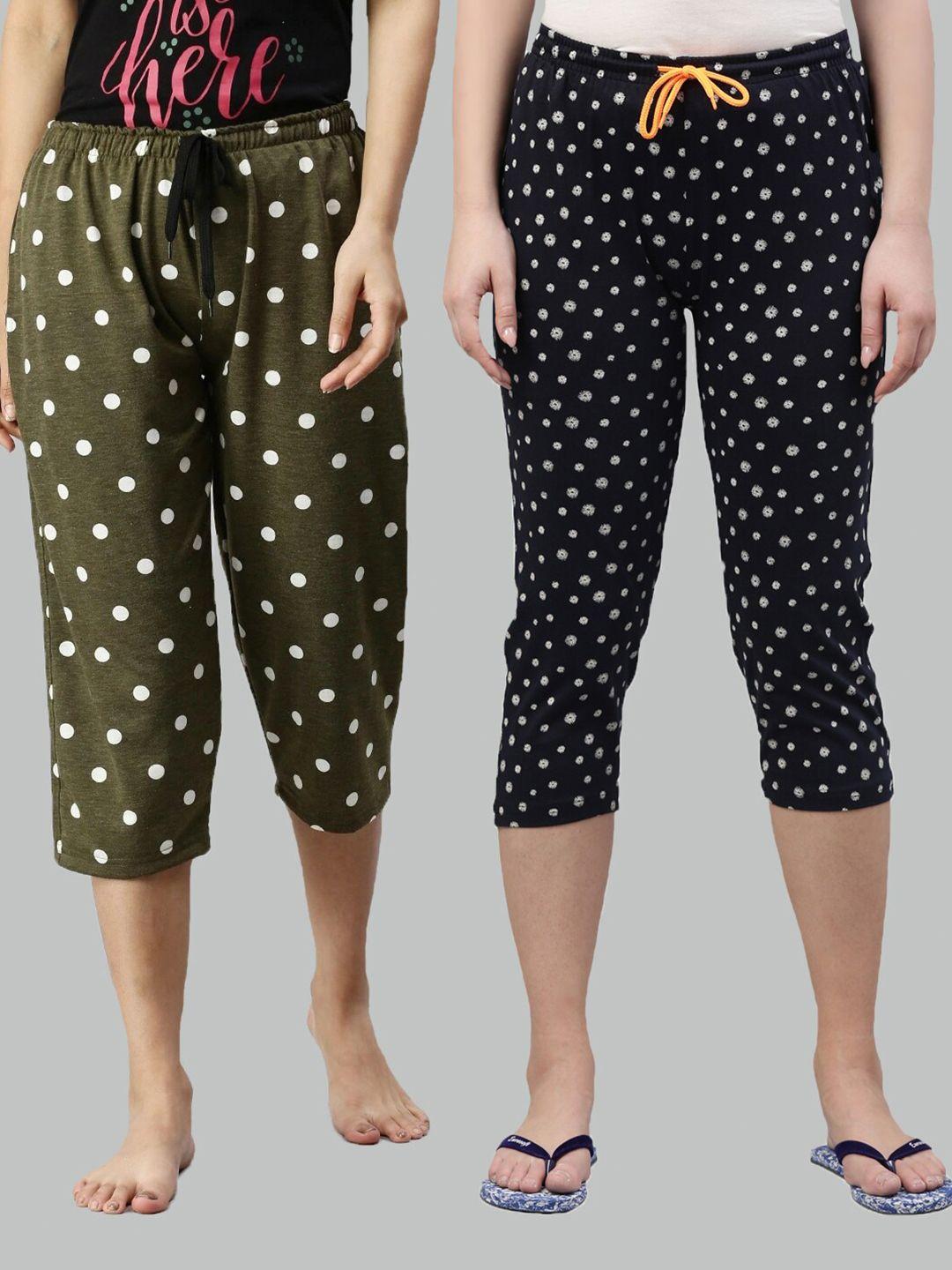 kryptic women olive green & navy blue set of 2 printed cotton capris