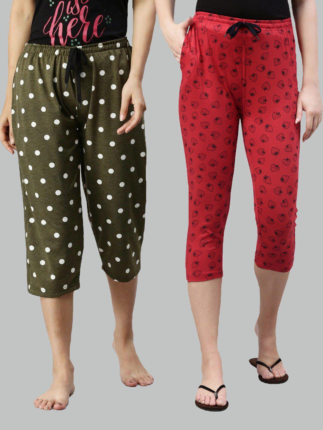 kryptic women olive green & red set of 2 women printed cotton capris