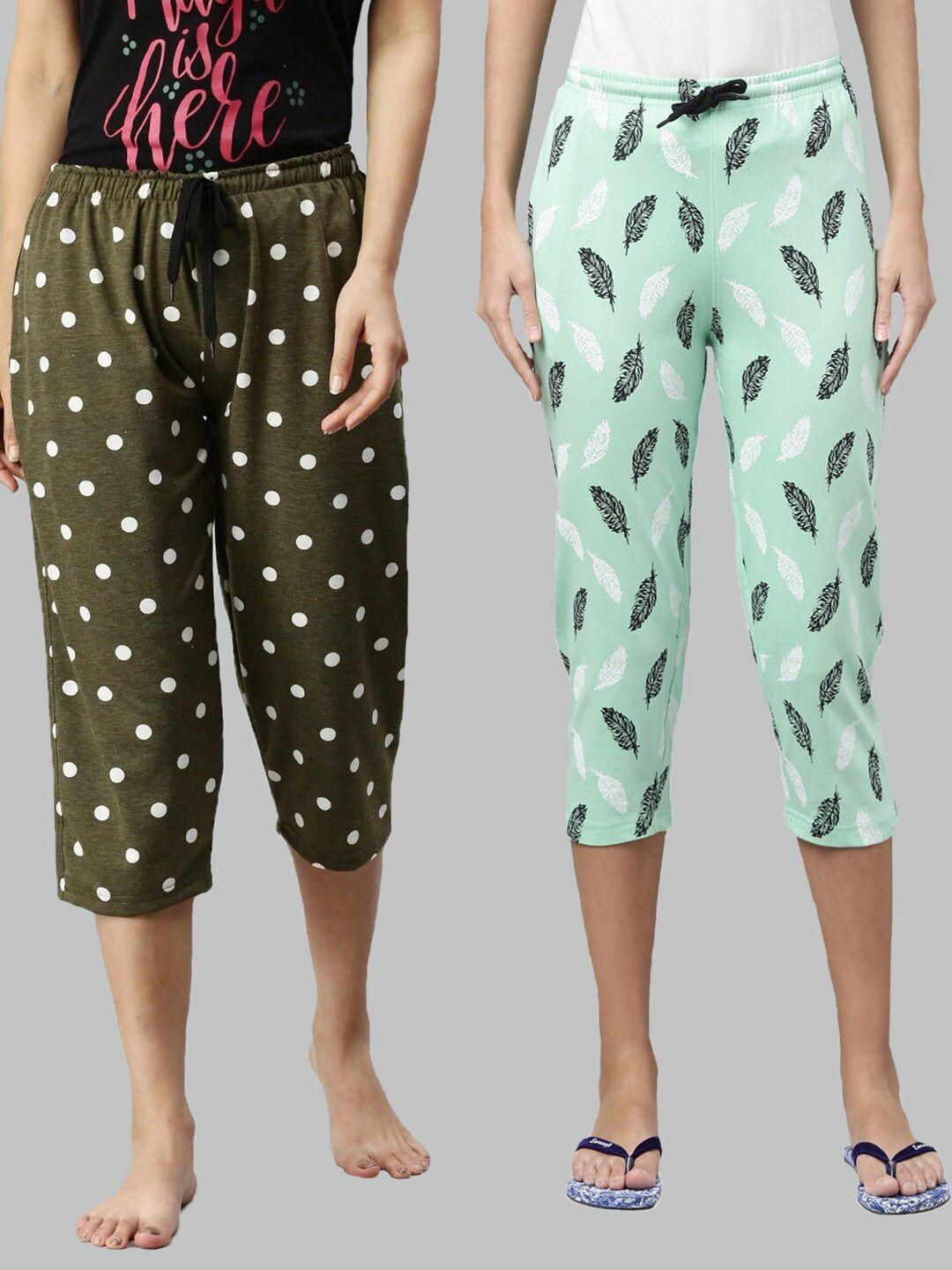kryptic women olive green & white printed pure cotton capris pack of 2