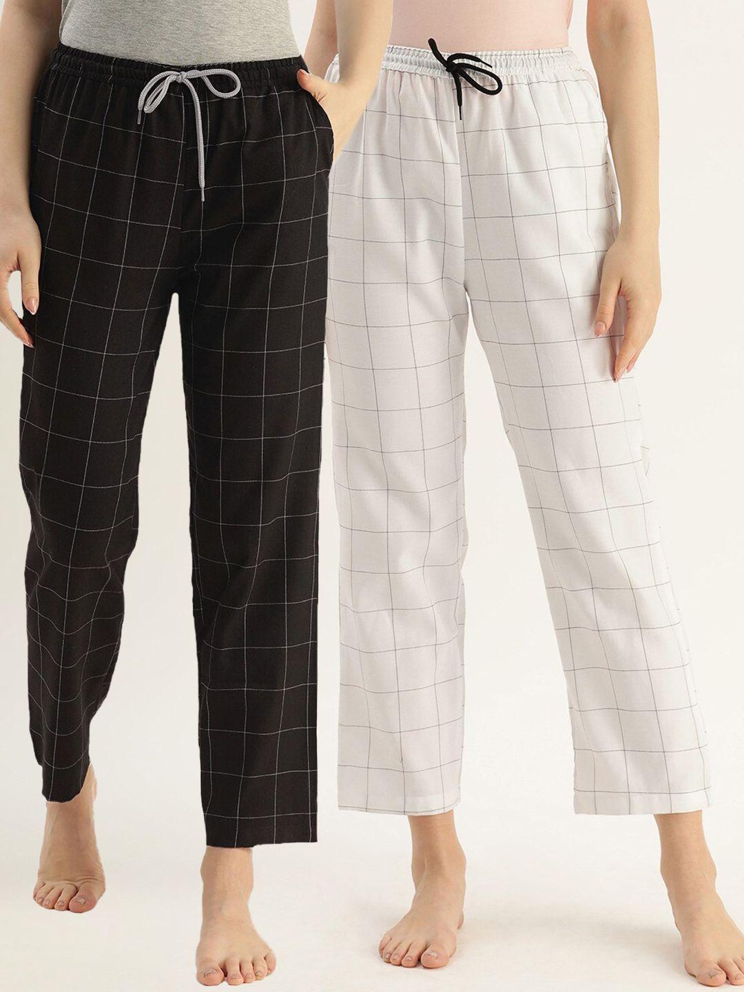 kryptic women pack of 2 black & white checked pure cotton lounge pants
