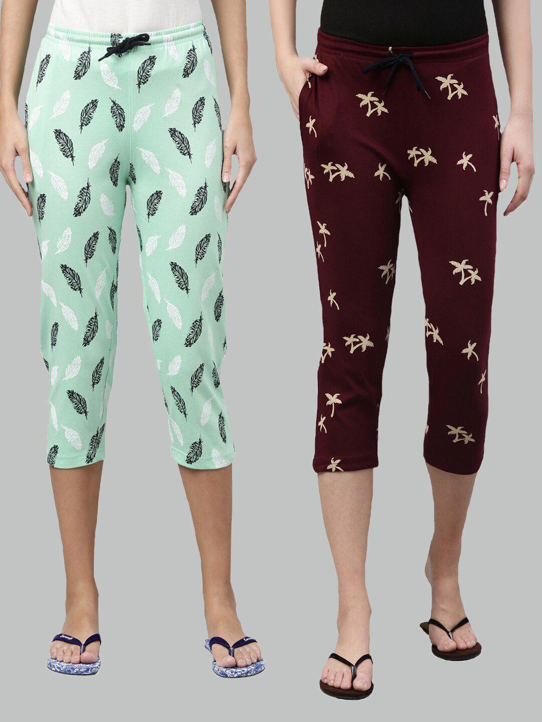 kryptic women pack of 2 green & maroon printed pure cotton capris