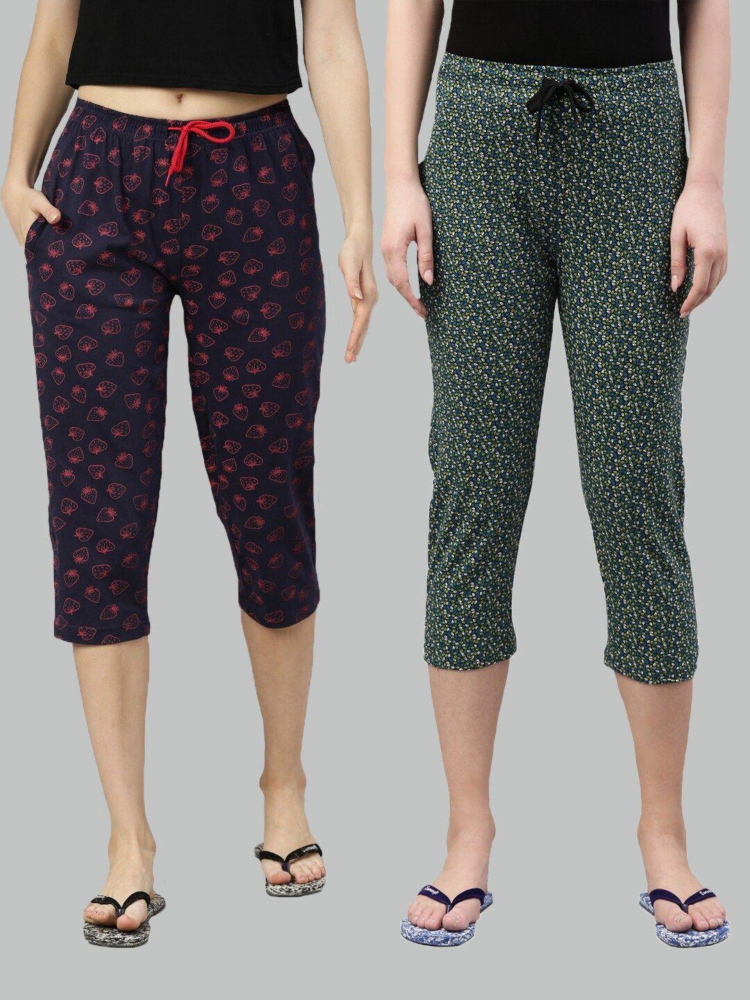 kryptic women pack of 2 navy blue & green printed cotton lounge capris