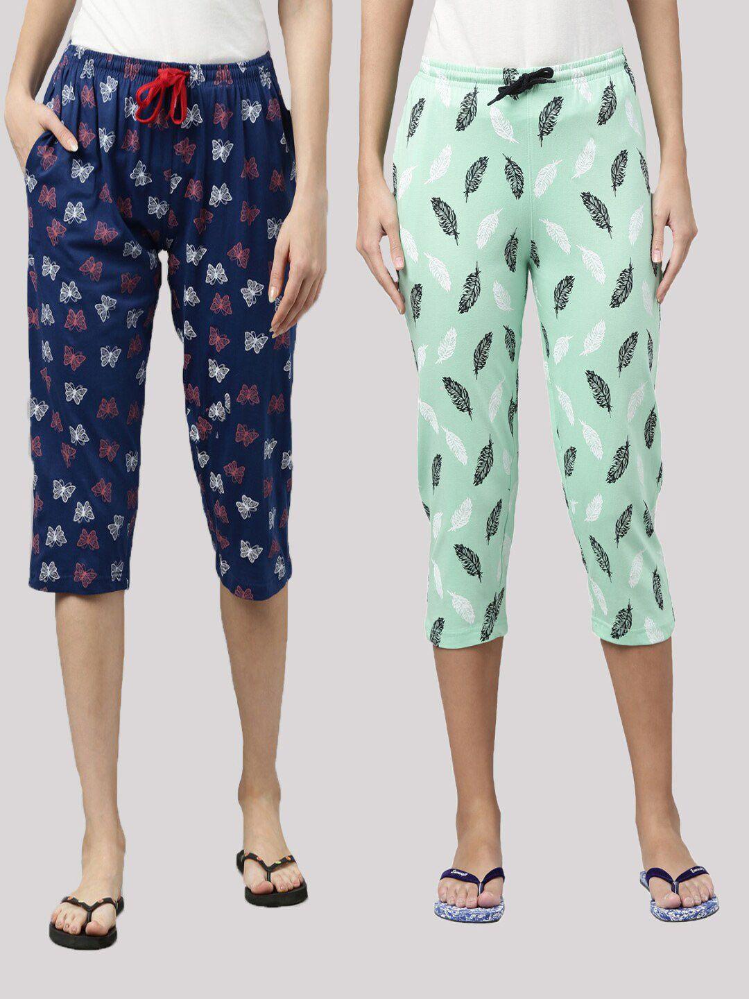 kryptic women pack of 2 navy blue & green printed pure cotton capris