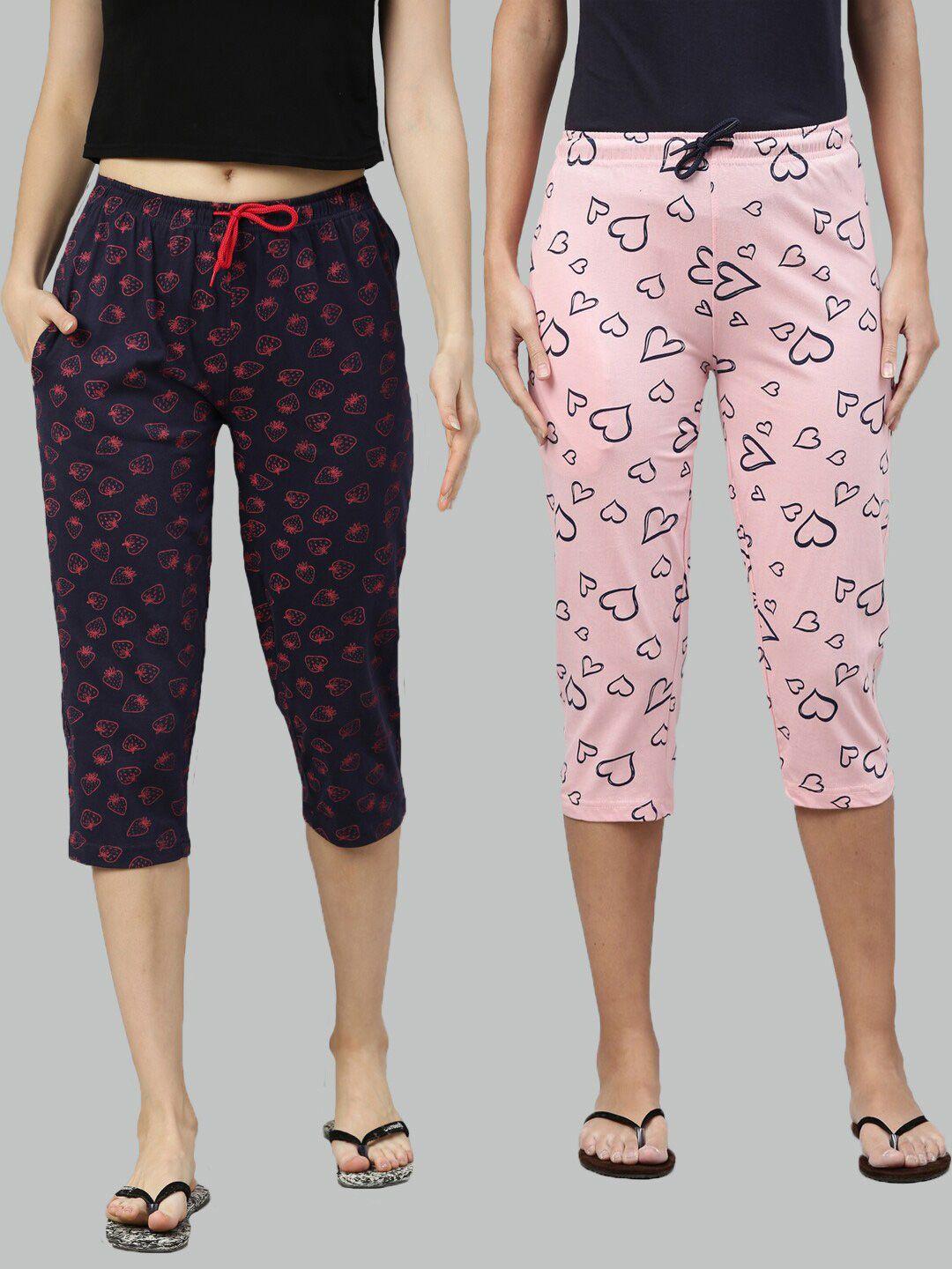 kryptic women pack of 2 navy blue & pink printed pure cotton capris