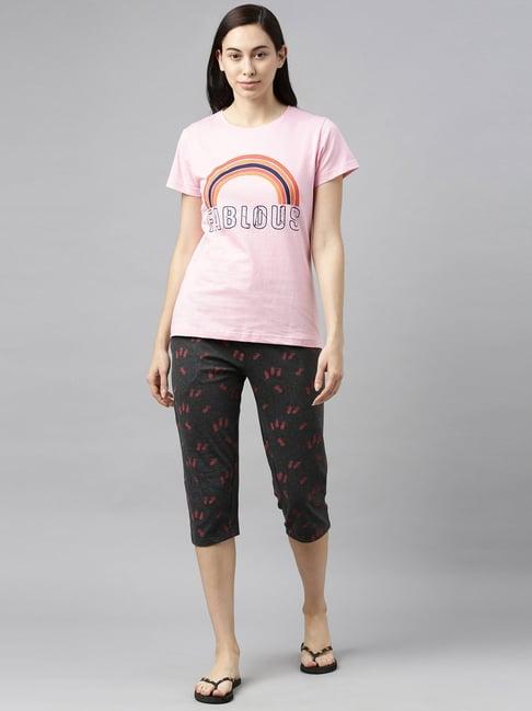 kryptic baby pink & dark grey printed t-shirt with capris