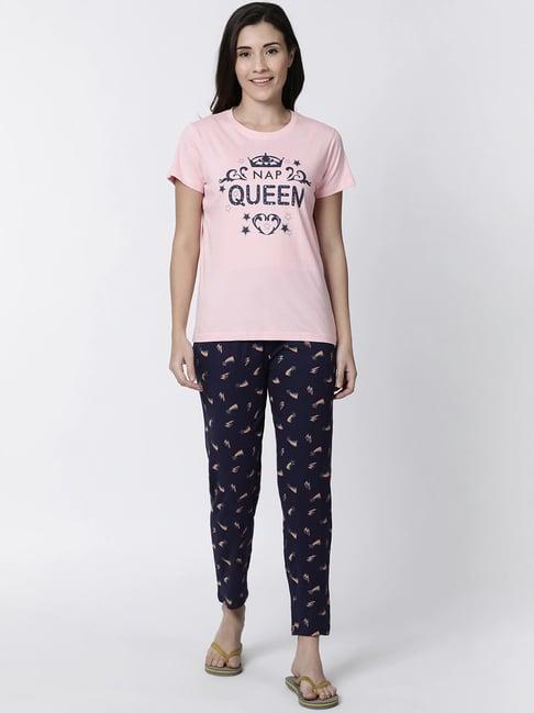 kryptic baby pink & navy printed t-shirt with pyjamas