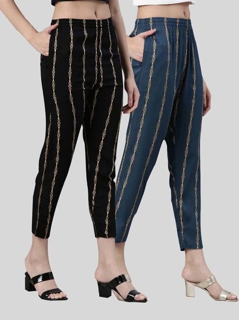 kryptic black & blue mid rise printed pants - pack of 2